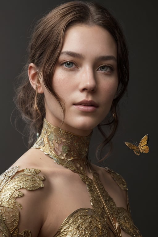 photo, 8k portrait of beautiful cyborg with brown hair, intricate, elegant, highly detailed, majestic, digital photography, art by artgerm and ruan jia and greg rutkowski surreal painting gold butterfly filigree, broken glass, (masterpiece, side lighting, finely detailed beautiful eyes: 1.2), hdr, realistic, high definition