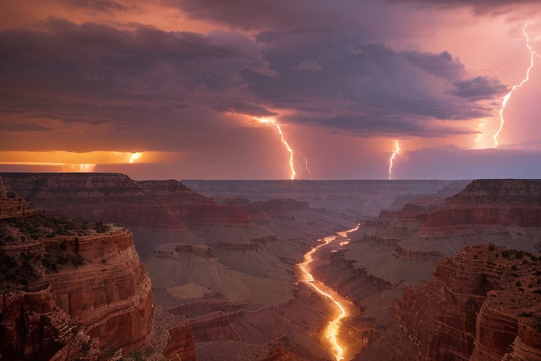 photo of the grand canyon during a lightning storm at sunset, high quality photograph, landscape photography, highly detailed, 8k resolution, analog, portra 800 film, plik, dramatic sunset