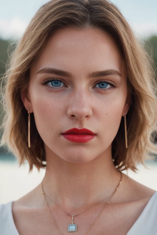 cute blonde, fashion, earring, necklace, red lipstick, detailed pale skin, light blue eyes, photo, 8k, HD. Photography, ((realism)), extremely high quality RAW photography, ultra detailed photography, sharp focus, high resolution, (detailed skin: 1.3), high quality, film grain, Fujifilm XT3, highly detailed, film, ( cinematic photo: 1.3 ) by (Realistic:1.3)