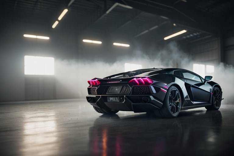 side shot of lamborghini in a dimly lit warehouse in the fog, high quality photo, lens flare, bokeh, 8k resolution, gobo lights, warm ambient light, volumetric light, neon lights, depth of field, analog, atmosphere nebula, side photo