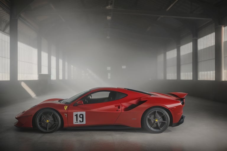 side shot of Ferrari in a dimly lit warehouse in the fog, high quality photo, side, lens flare, bokeh, 8k resolution, gobo lights, warm ambient light, volumetric light, neon lights, depth of field, analog, hazy atmosphere