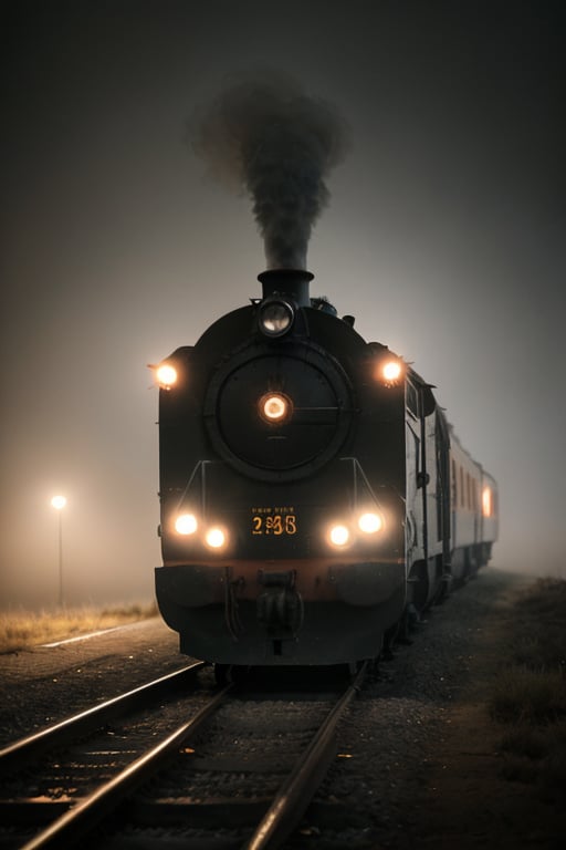 Distant landscape photo of a ghost train in the fog, high quality photo, bokeh, 8k resolution, gobo lights, warm ambient light, volumetric light, depth of field, analog, hazy atmosphere, wide, film grain