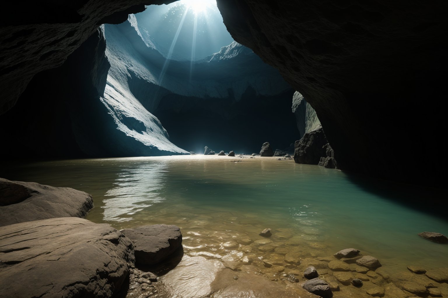 professional, cinematic, highly detailed photo, cinematic lighting, volumetric light, hyper-detailed photorealistic of an imposing cave with a crystal clear lake reflecting sunlight, very high level of detail, sharp, sharp focus.