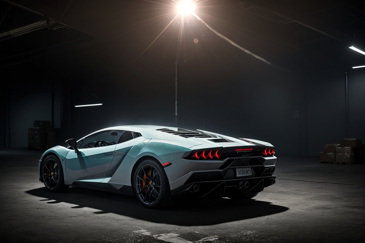 side shot of lamborghini in a dimly lit warehouse in the fog, high quality photo, lens flare, bokeh, 8k resolution, gobo lights, warm ambient light, volumetric light, neon lights, depth of field, analog, atmosphere nebula, side photo