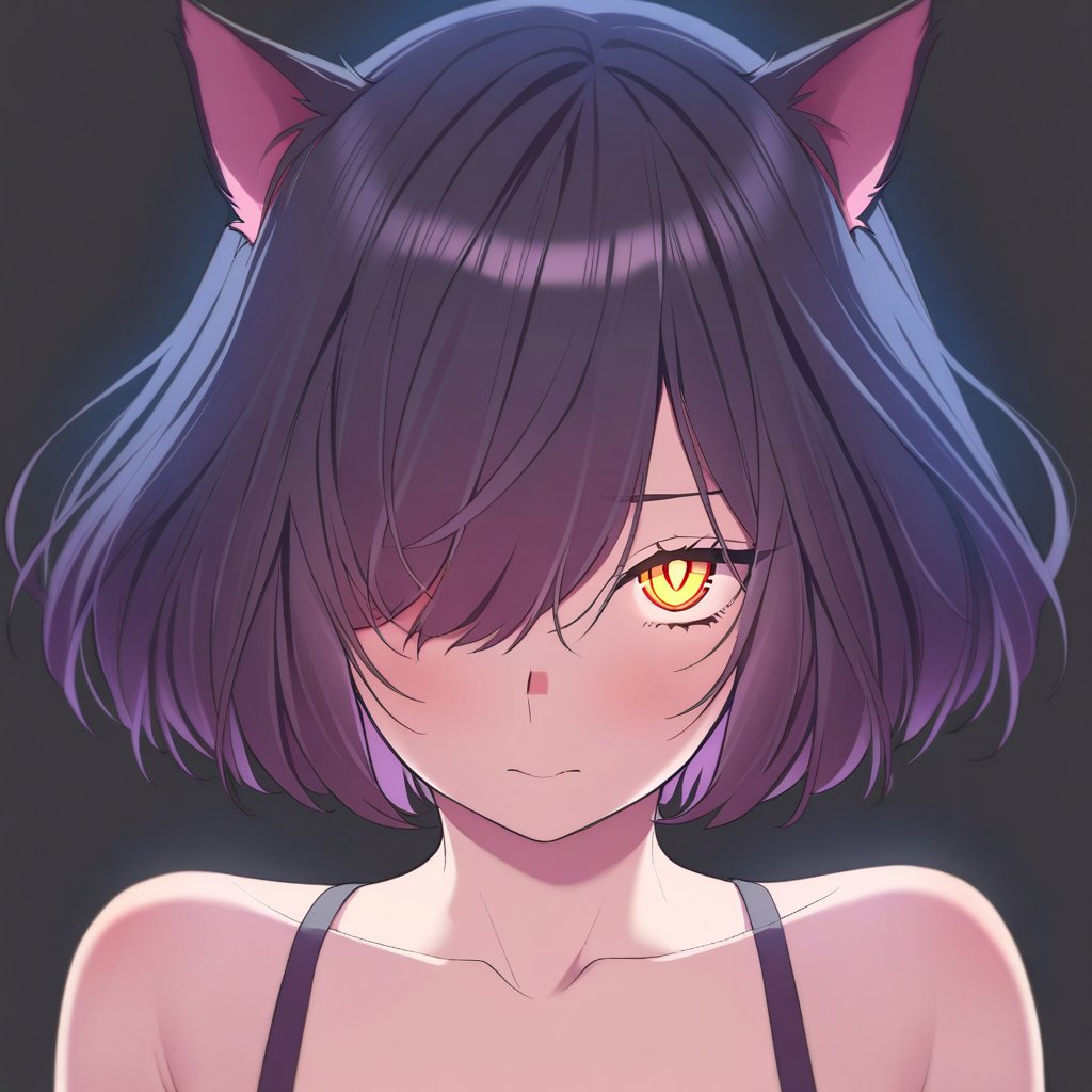 by and.ad, 1girl, catgirl, cat ears, shorthair, hair over one eyes, black hair, golden eyes, cat eyes, slit pupil, glowing eyes, black background, masterpiece, best quality, amazing quality, very aesthetic, absurdres