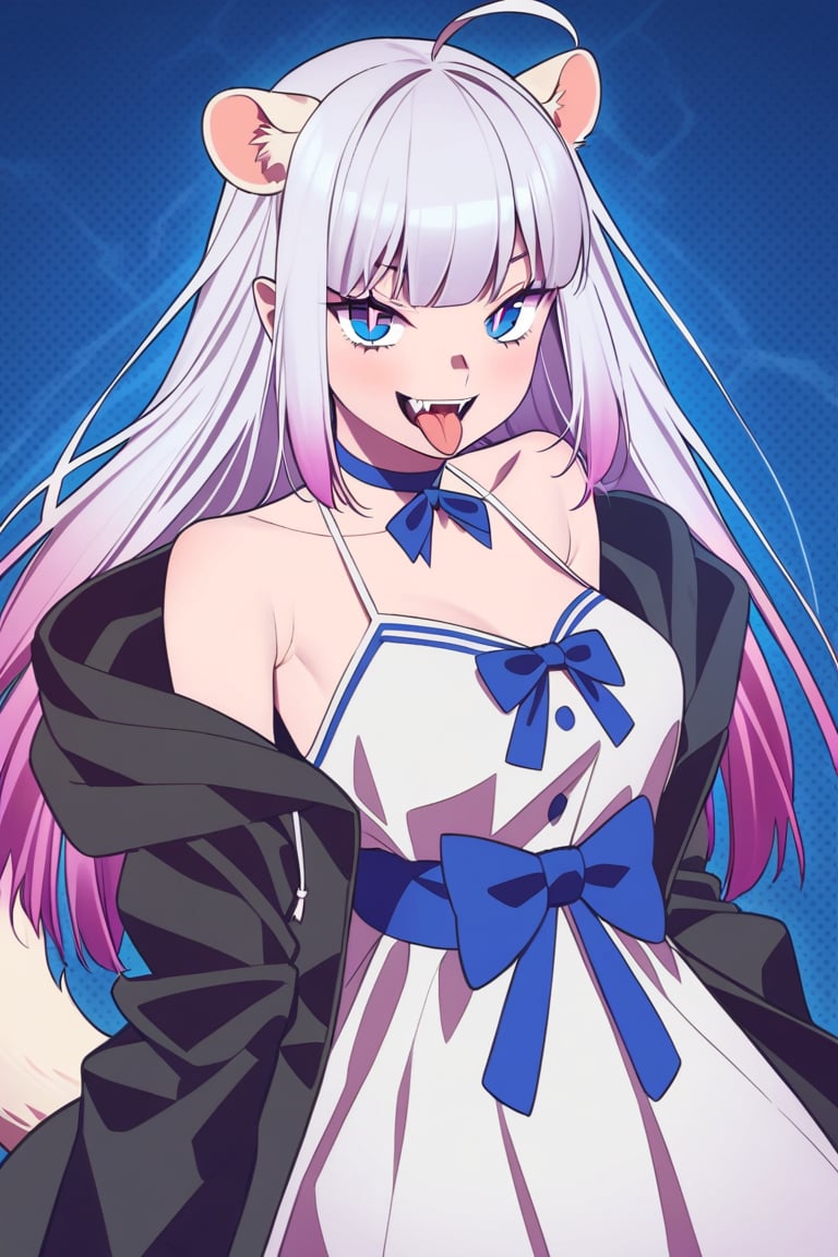 by and.ad,1girl, ((white hair)), very long hair, blue eyes, (straight hair), (bangs), animal ears, (stoat ears:1.2), Choker, ahoge, fangs, (big stoat Tail:1.2), (White sleeveless collared dress, blue chest bow), (black hooded oversized jacket:1.2), (Off the shoulders), (show off waist),looking at viewer,smile,open mouth, animal ears, multicolored hair,teeth,tongue,tongue out,collar,gradient hair,glowing,fangs,slit pupils,glowing eyes, masterpiece, best quality, amazing quality, very aesthetic, absurdres