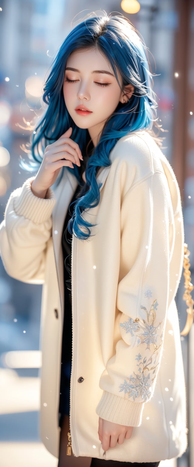 moments stretch and twist, turning a hurried walk into an eternity of swirling flakes. (masterpiece, detailed artwork), Snowflakes,1girl, golden eyes, sleepy, blush, (detailed lips), (cute winter coat, knitted winter coat), layla, twin drills, drill locks, blue hair, jewelry, sleepy eyes, Snow, snowflakes,masterpiece,1 girl