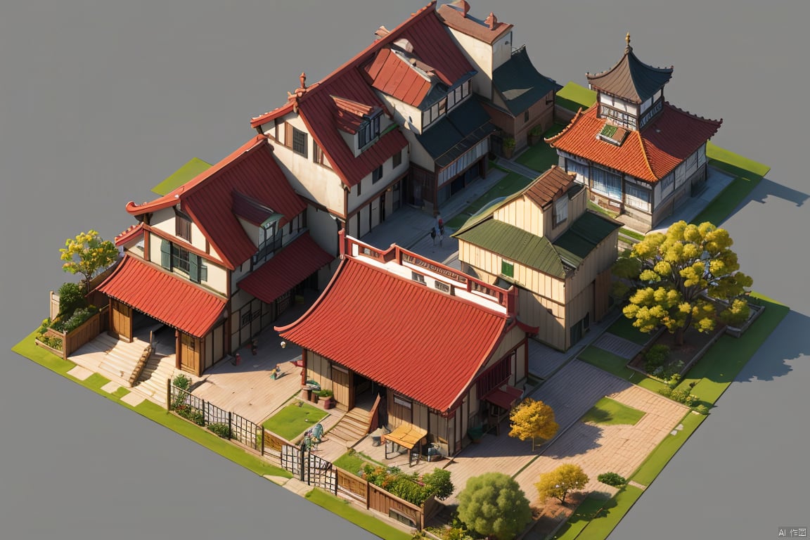 The image shows a group of buildings in a Chinese style. The buildings are mostly two or three stories tall, with green or gray tiled roofs. The buildings are connected by walkways and courtyards. The image has a somewhat isometric perspective, and the buildings are arranged in a way that suggests a bustling city.