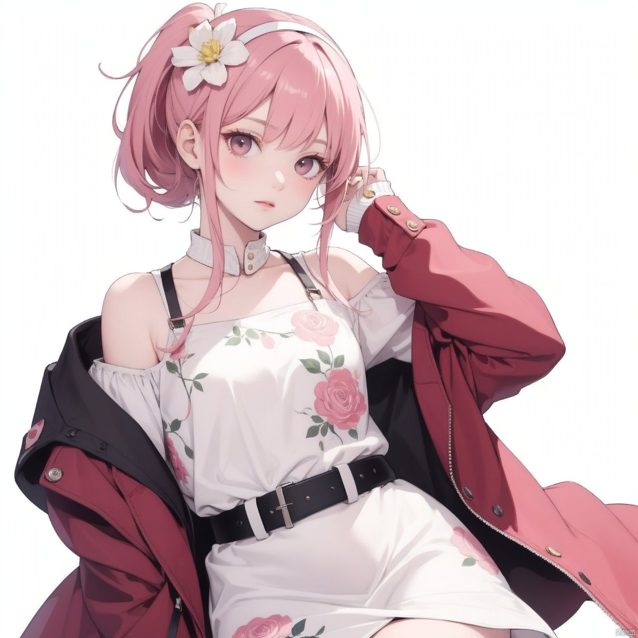  1girl, solo, long hair, looking at viewer, bangs, skirt, simple background, hair ornament, white background, dress, closed mouth, jacket, ponytail, pink hair, flower, hairband, sleeveless, belt, hair flower, off shoulder, white dress, arm up, sleeves past wrists, v, makeup, floral print, white flower, red lips, pink jacket