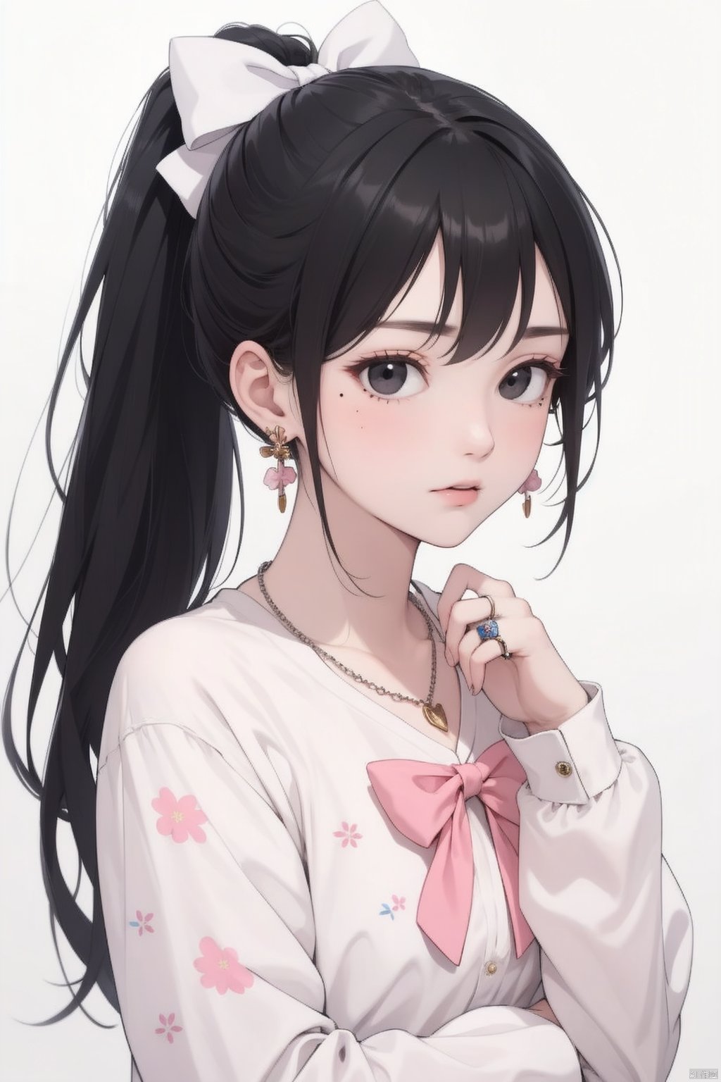  1girl, solo, long hair, looking at viewer, shirt, black hair, long sleeves, bow, jewelry, closed mouth, upper body, ponytail, hair bow, earrings, necklace, mole, black eyes, mole under eye, floral print, ring, white bow, pink shirt