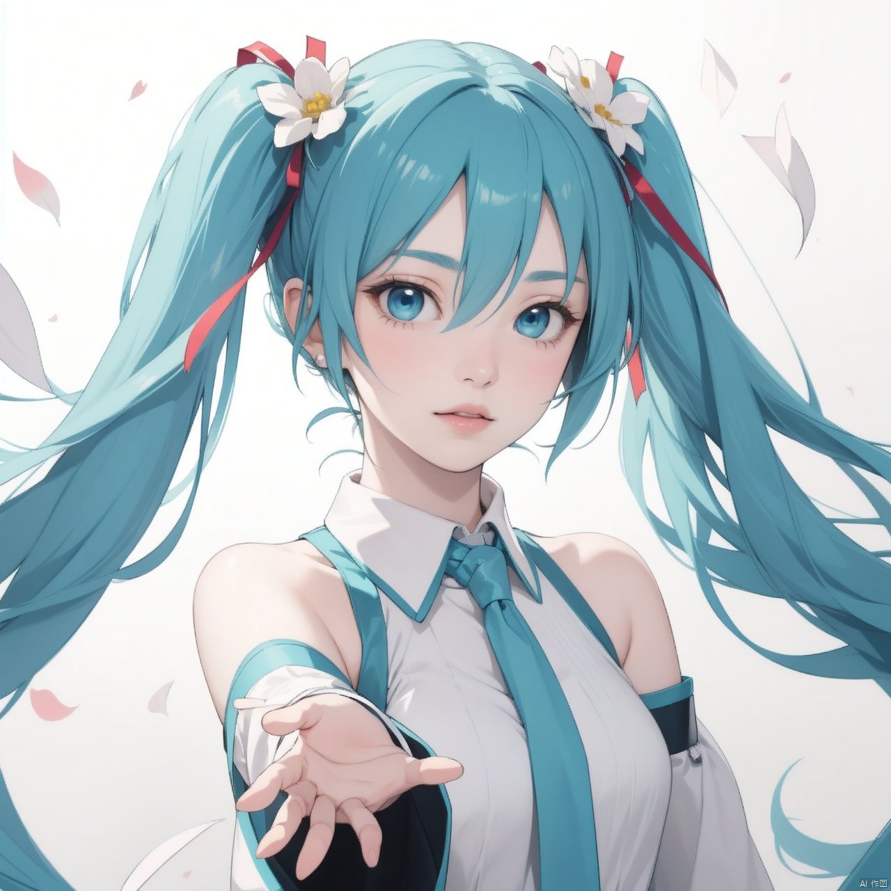 1girl, solo, long hair, looking at viewer, blue eyes, hair ornament, dress, ribbon, hair between eyes, bare shoulders, twintails, very long hair, blue hair, hair ribbon, flower, detached sleeves, hair flower, lips, aqua hair, detached collar, outstretched hand, realistic, hatsune miku