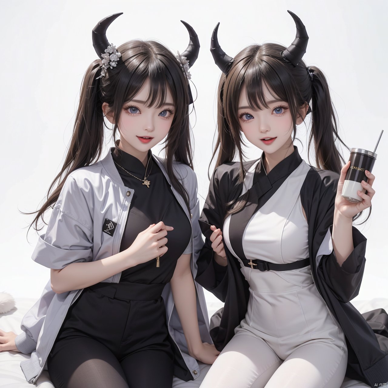 1girl, [kedama milk], momoco,[As109], Torino,ask(askzy),ciloranko,[omone hokoma agm],[sho (sho lwlw)],wanke,[wlop],kousaki ruri,year 2023, alternate color, alternate ears, short sleeves, horns, year of the rabbit, open mouth, looking at viewer, pants, fake horns, blue eyes, pokemon (creature), smile, chinese zodiac, pantyhose, open clothes, shiny and normal, 2023, happy new year, twintails, purple eyes, tail, tongue, open jacket, hand up, pokemon tail, :d, jacket, masterpiece, newest, absurdres, safe