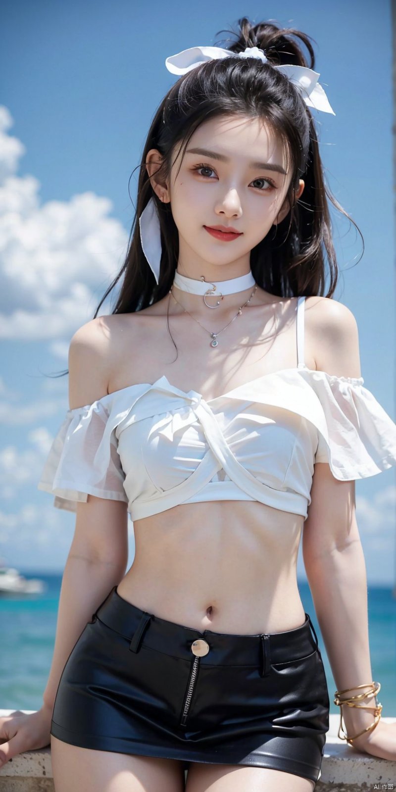  cowboy_shot,(Good structure), DSLR Quality,Short skirt,Blue sky, white clouds, ocean, nai3, 1girl, solo, crop top, , choker, navel, shirt, midriff, crop top overhang, looking at viewer, white shirt, jewelry, breasts, bare shoulders, off-shoulder shirt, off shoulder, black choker, thighs, stomach, long hair, bracelet, short sleeves, ribbon, hand up, collarbone, hair ribbon, medium breasts, , bra strap, , hair ornament, thigh gap, necklace, expressionless, , ,kind smile, , , zhouye