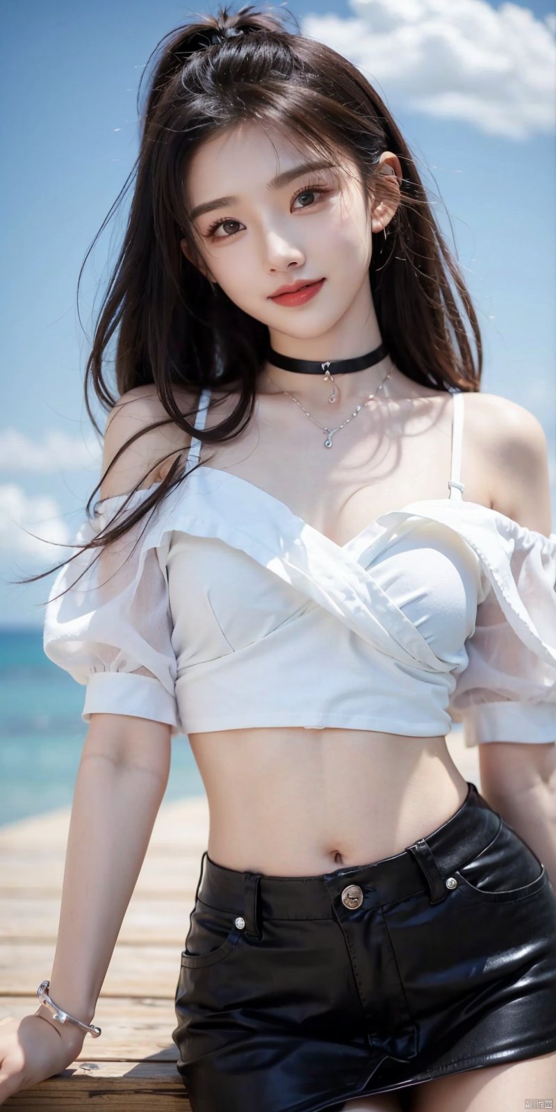  cowboy_shot,(Good structure), DSLR Quality,Short skirt,Blue sky, white clouds, ocean, nai3, 1girl, solo, crop top, , choker, navel, shirt, midriff, crop top overhang, looking at viewer, white shirt, jewelry, breasts, bare shoulders, off-shoulder shirt, off shoulder, black choker, thighs, stomach, long hair, bracelet, short sleeves, ribbon, hand up, collarbone, hair ribbon, medium breasts, , bra strap, , hair ornament, thigh gap, necklace, expressionless, , ,kind smile, , , zhouye