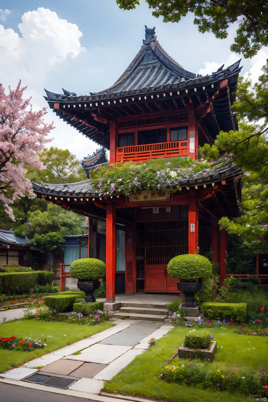 flower
￼
outdoors
￼
tree
￼
no humans
￼
window
￼
plant
￼
building
￼
scenery
￼
road
￼
bench
￼
bush
￼
architecture
￼
east asian architecture
￼
￼
