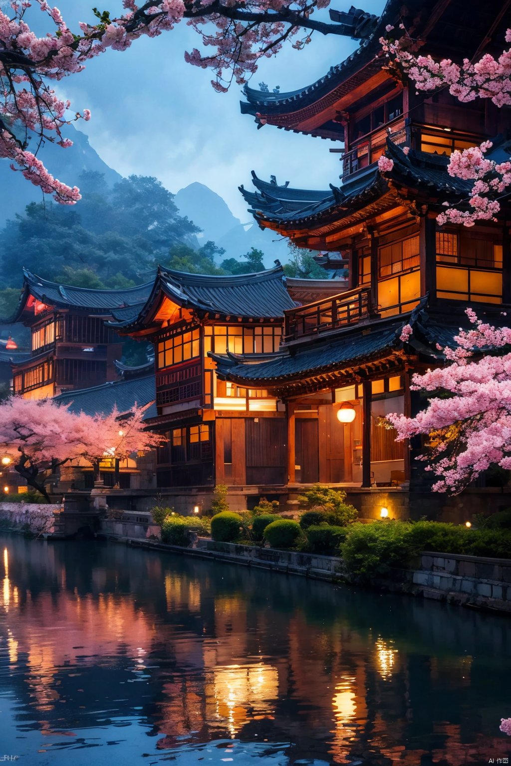 outdoors
￼
water
￼
tree
￼
no humans
￼
window
￼
cherry blossoms
￼
building
￼
scenery
￼
reflection
￼
architecture
￼
east asian architecture
￼
reflective water
￼
￼
