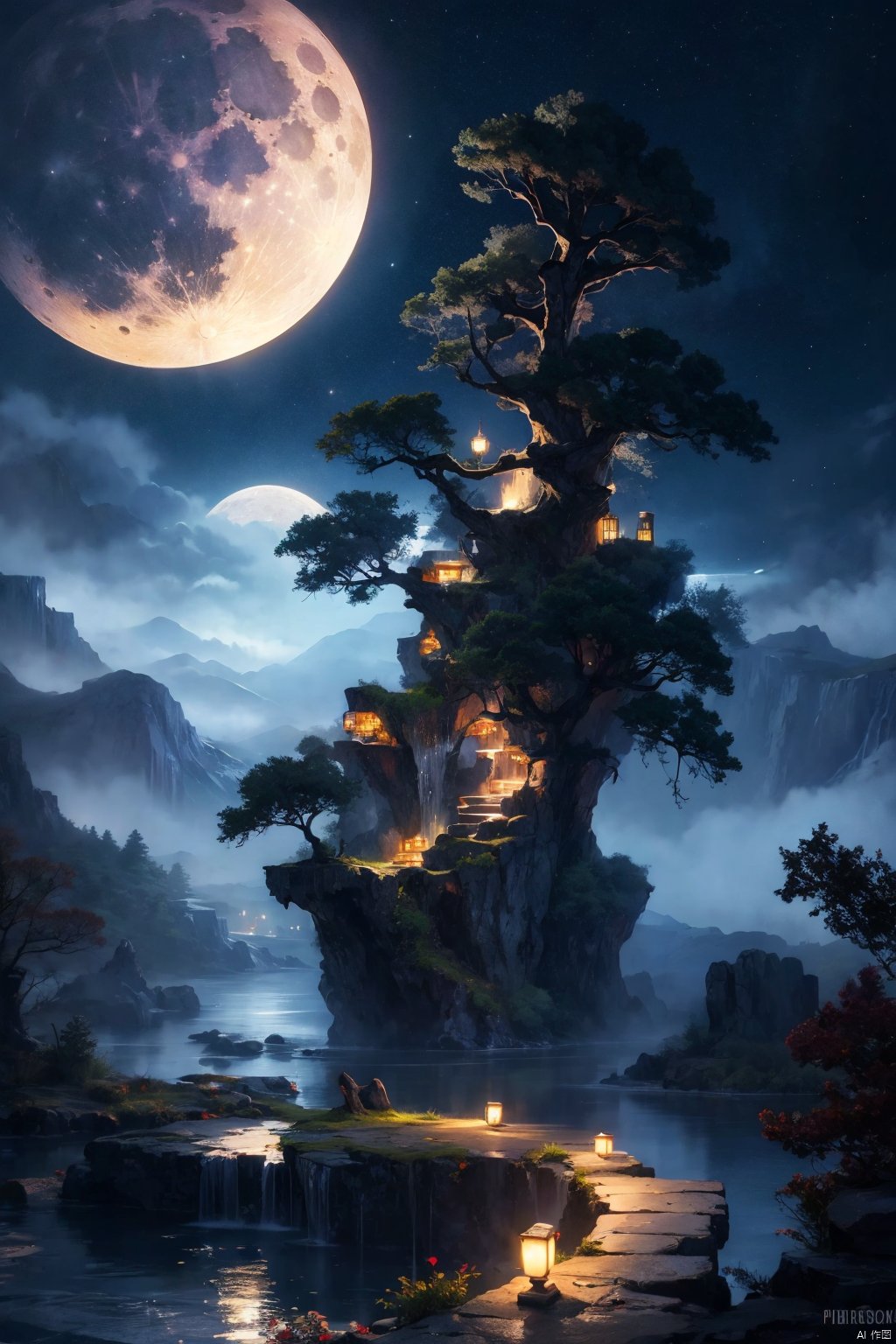 outdoors
￼
sky
￼
cloud
￼
water
￼
tree
￼
no humans
￼
night
￼
moon
￼
night sky
￼
scenery
￼
full moon
￼
mountain
￼
fantasy
￼
waterfall
￼
fog
￼
￼
