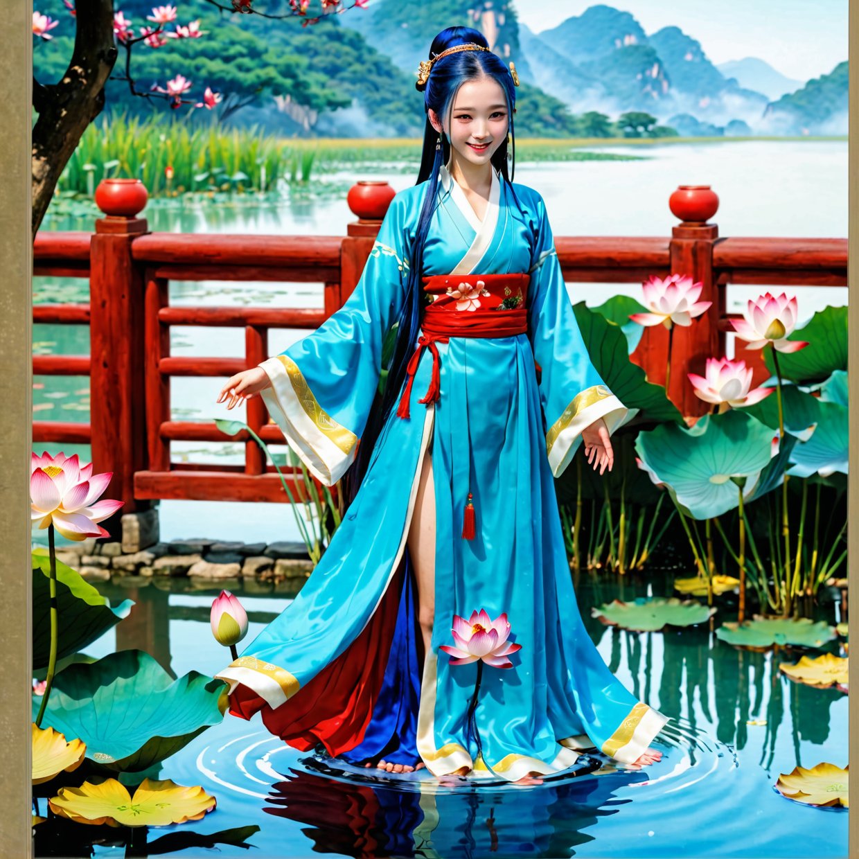 ((4k,masterpiece,best quality)), shuimobysim, Chinese painting, lotus, hanfu, maxiskit, dress open, swf 1girl, solo, long blue hair, smile, standing, feet in the water, barefoot,dress red, happy