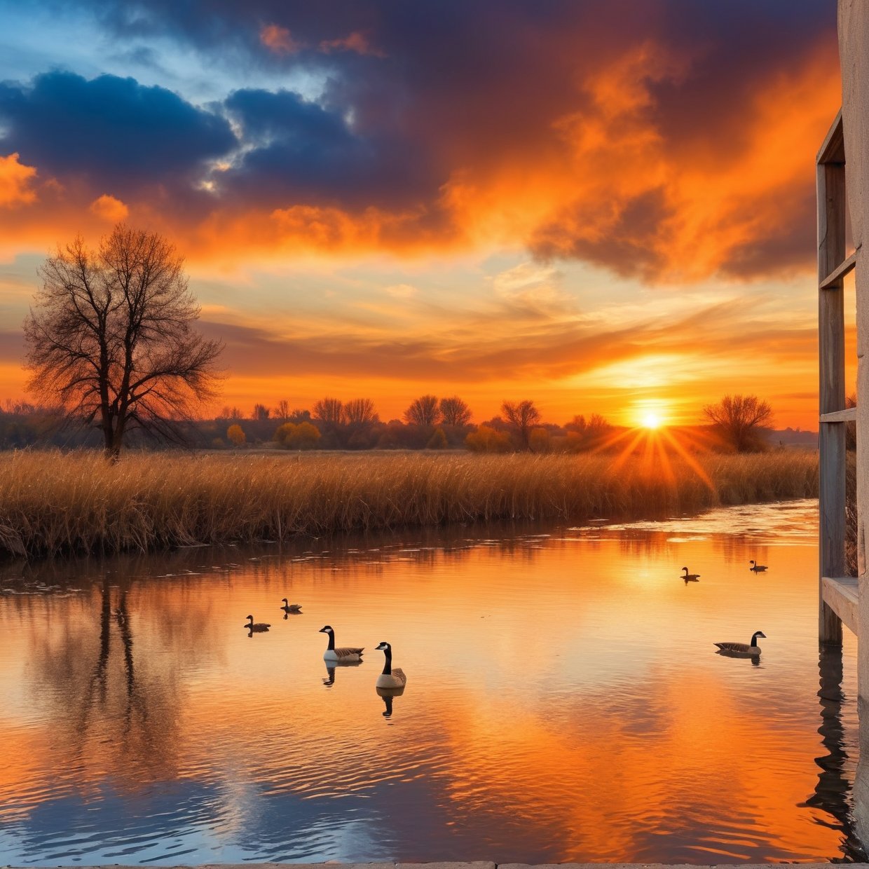 The sunset flies with the lonely geese in the distance, and the autumn river water and the vast sky are connected, icons