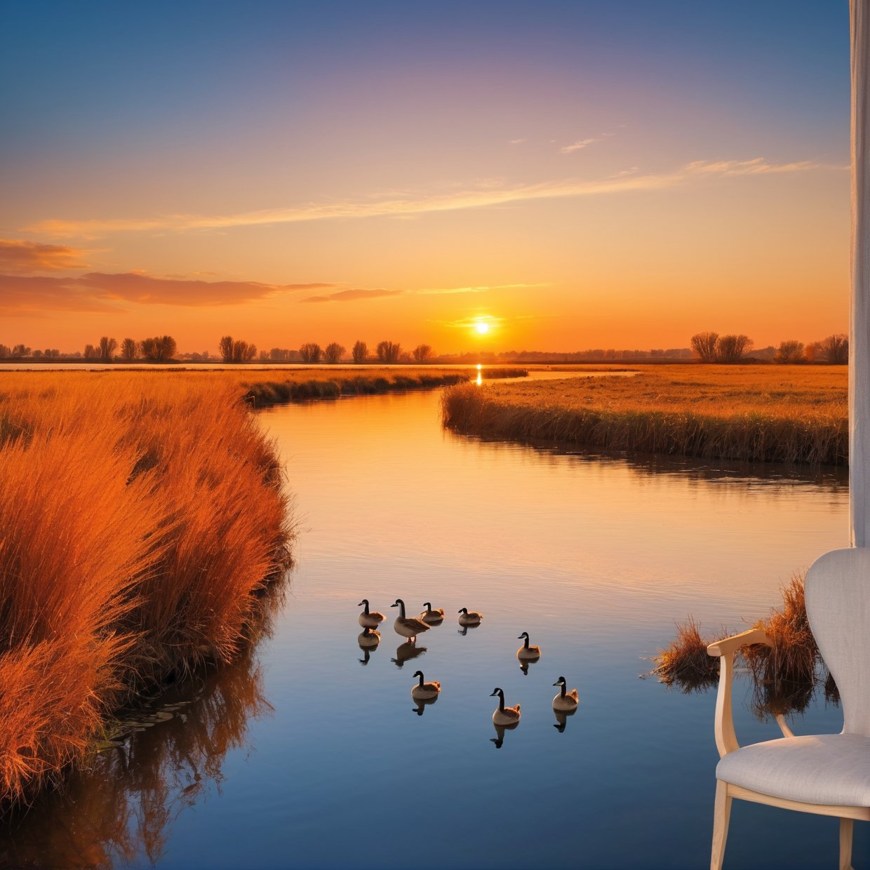 The sunset flies with the lonely geese in the distance, and the autumn river water and the vast sky are connected, icons