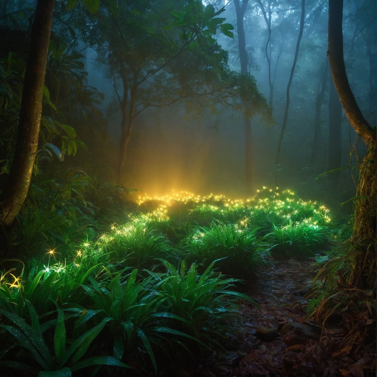 ((Best Quality, 8K, Masterpiece: 1.3),realistic,(best quality,realistic:1.37)thick dense forest,glowing fireflies,rainy night,moist air,foggy atmosphere,dripping leaves,dewy grass,majestic trees,mysterious shadows,serene ambiance,gentle raindrops,peaceful solitude,whispering breeze,nature's symphony,Latin American rainforest,enchanted evening,hint of moonlight,sparkling bioluminescence,lush vegetatio