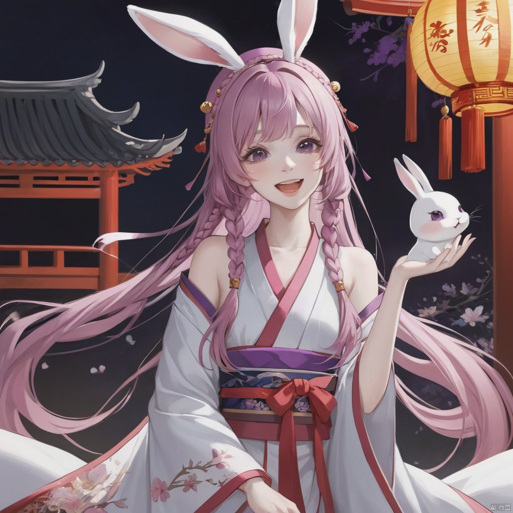 1 girl, long hair, looking at the audience, smiling, open mouth, bangs, hair accessories, hat, animal ears, double tails, purple eyes, pink hair, braids, rabbit ears, Chinese clothes, pale skin