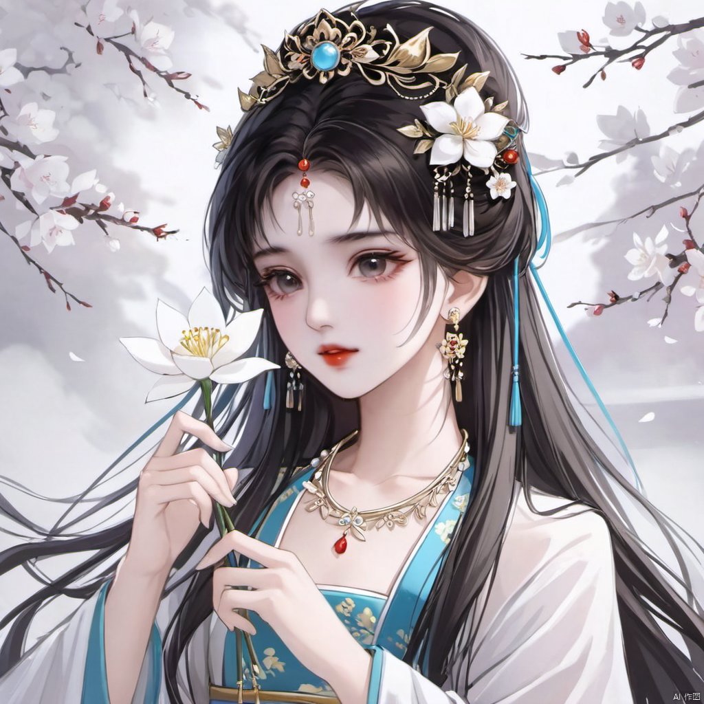 1girl, solo, long hair, black hair, hair ornament, dress, holding, jewelry, upper body, flower, earrings, necklace, white dress, chinese clothes, holding flower, xinyue