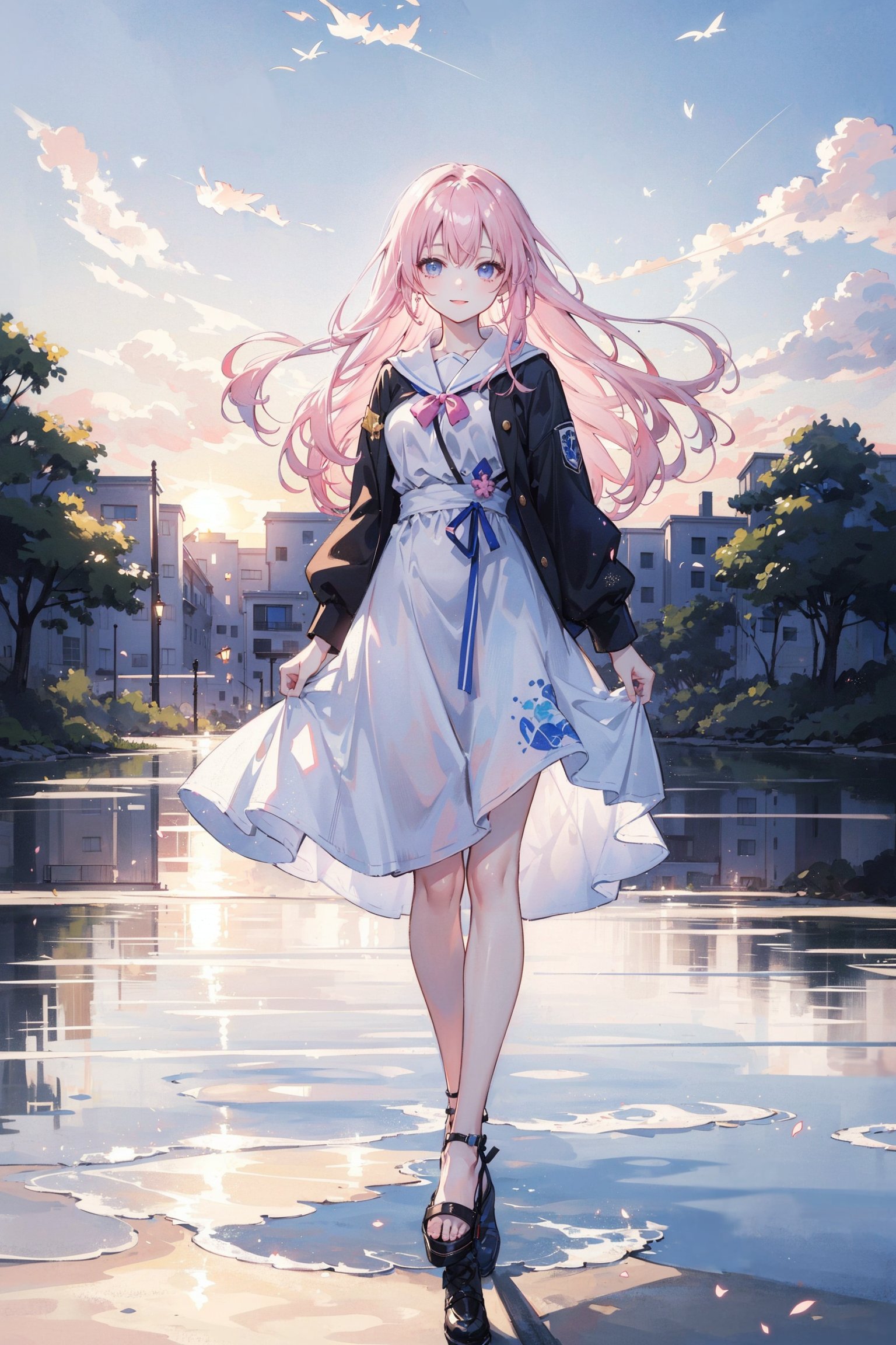 Young cute girl、High and tall,Perfect Curve,Exquisite and straight facial features,（（（Campus style）））、Light pink hair、Silky long hair,masterpiece、Top image quality、Top quality、Wear JK,dusk sunset,Beautiful composition,Slender,White,a happy expression,（artist painting,Works by Makoto Shinkai）,Full body portrait,Depth of Field,
