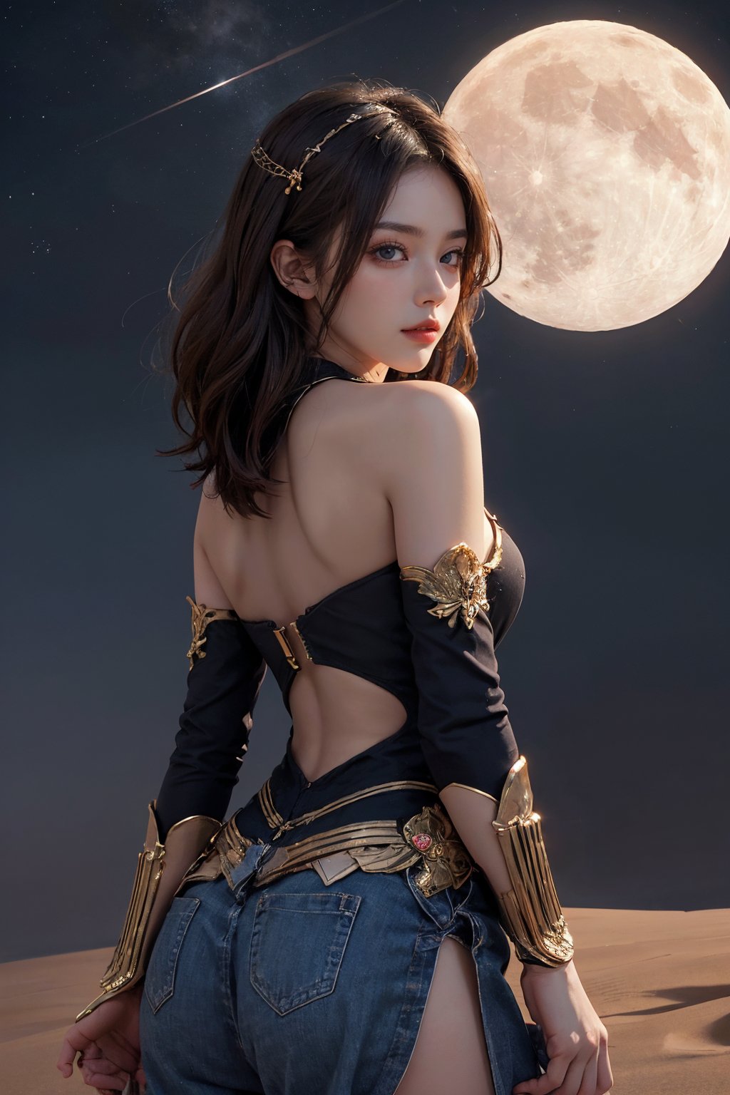 sky_moon,sky,full moon,scenery,desert,star,more detail XL,xxmixgirl,1girl,((masterpiece)), (((best quality))), ((ultra-detailed)), (Amazing:1.1),Young beauty spirit 