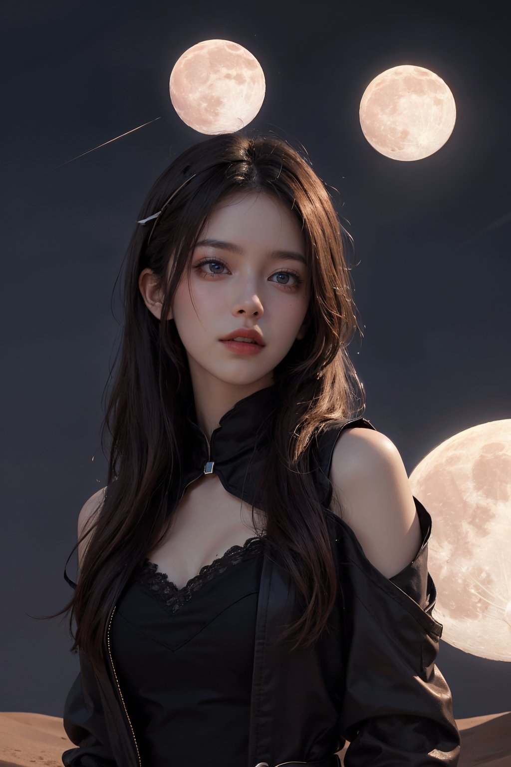 sky_moon,sky,full moon,scenery,desert,star,more detail XL,xxmixgirl,1girl,((masterpiece)), (((best quality))), ((ultra-detailed)), (Amazing:1.1),Young beauty spirit 