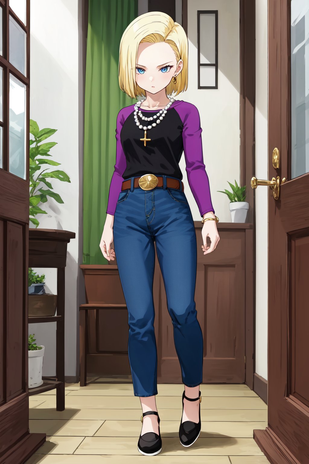 masterpiece, detailed face, android 18, 1girl, solo, looking at viewer, standing, short hair, blue eyes, blonde hair, indoors, jewelry, full body, earrings, belt, pants, black shoes, necklace, denim, jeans, black shirt, purple sleeves, raglan sleeves 