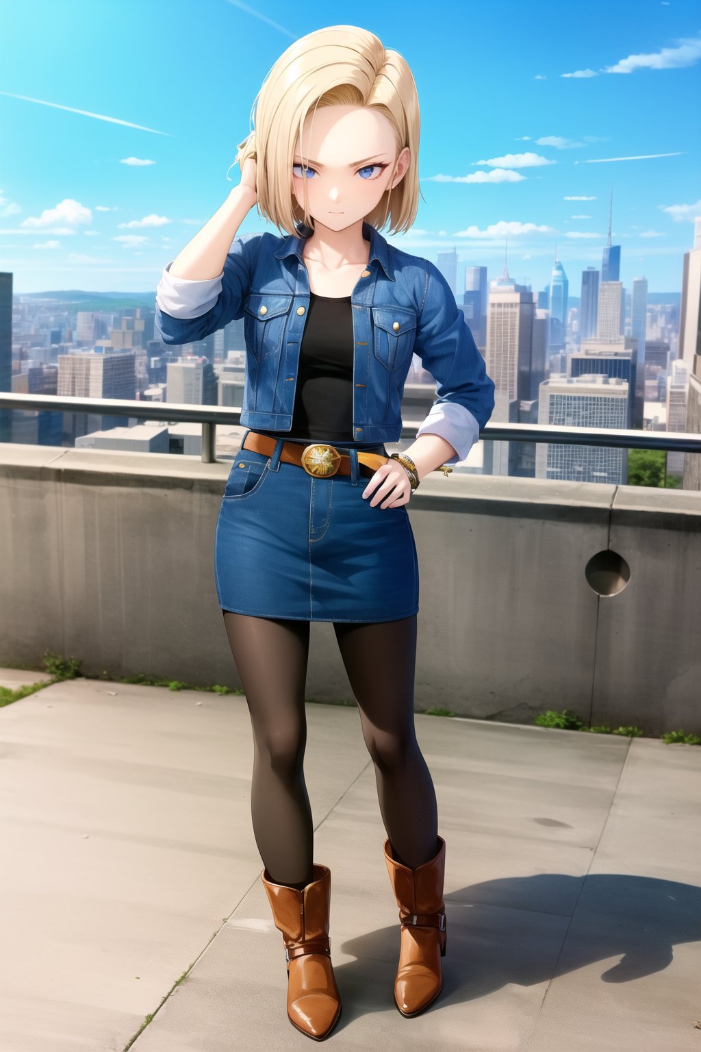 masterpiece, detailed face, android 18, 1girl, solo, looking at viewer, short hair, blue eyes, skirt, blonde hair, cityscape, skyscraper, shirt, long sleeves, city, jewelry, standing, jacket, full body, pantyhose, earrings, boots, belt, hand on hip, denim, hand in own hair, denim skirt, denim jacket, white sleeves, striped sleeves, black shirt