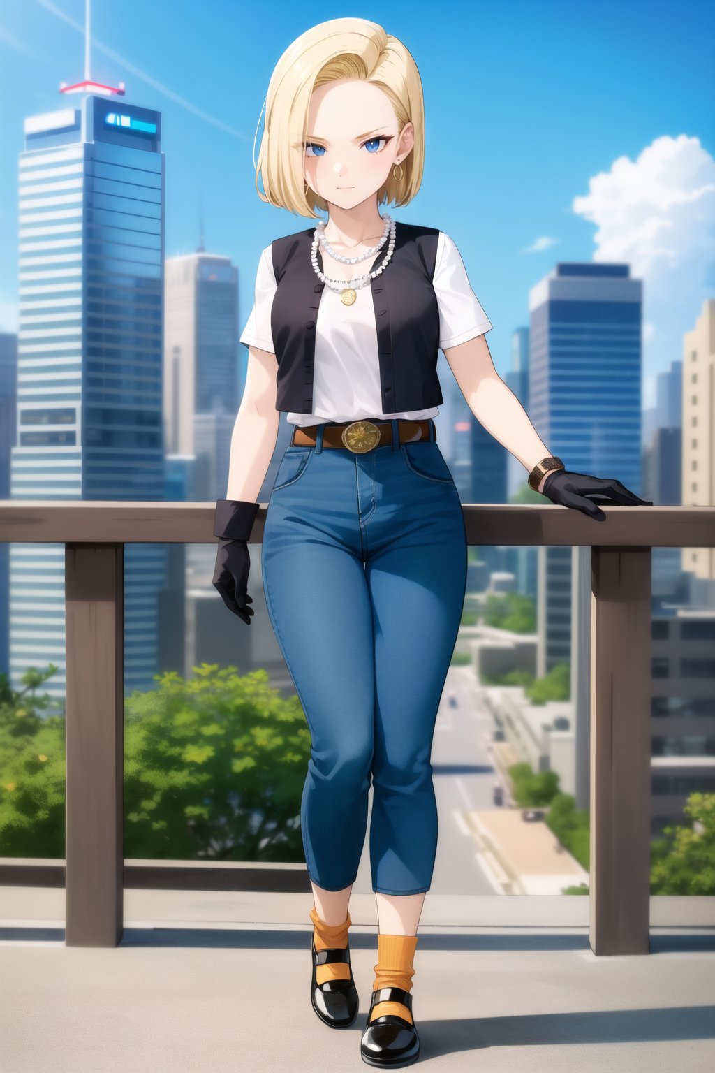 masterpiece, detailed face, android 18, 1girl, solo, looking at viewer, smile, short hair, blue eyes, blonde hair, city, retro artstyle, cityscape, skyscraper, shirt, gloves, jewelry, standing, collarbone, full body, white shirt, earrings, black gloves, belt, pants, necklace, denim, watch, (orange socks), open black vest