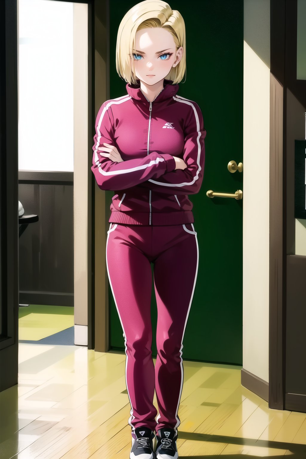 masterpiece, detailed face, android 18, 1girl, solo, short hair, blue eyes, blonde hair, indoors, long sleeves, standing, jacket, full body, shoes, pants, black footwear, crossed arms, track jacket, pink jacket, track suit, track pants, pink pants