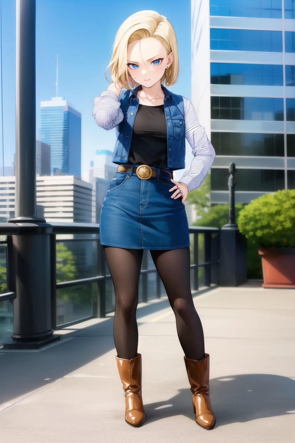 masterpiece, detailed face, android 18, 1girl, solo, looking at viewer, short hair, blue eyes, skirt, blonde hair, cityscape, skyscraper, shirt, long sleeves, city, jewelry, standing, jacket, full body, pantyhose, earrings, boots, belt, hand on hip, denim, hand in own hair, denim skirt, denim jacket, white sleeves, striped sleeves, black shirt