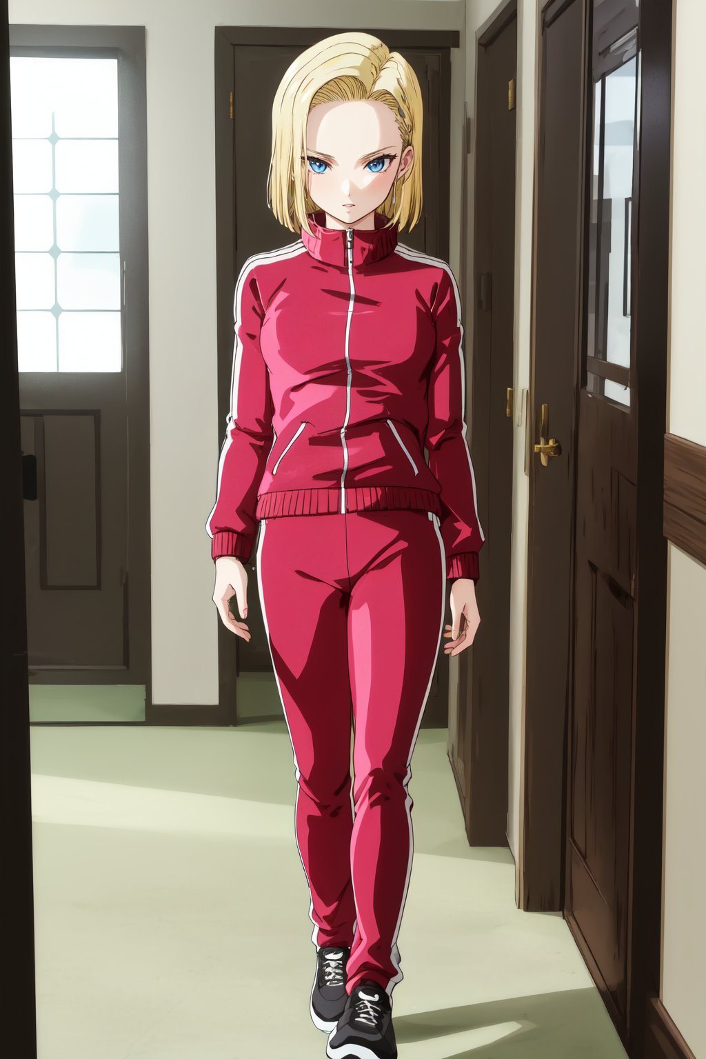 masterpiece, detailed face, android 18, 1girl, solo, looking at viewer, short hair, blue eyes, blonde hair, indoors, long sleeves, standing, jacket, full body, shoes, pants, black footwear, track jacket, pink jacket, track suit, track pants, pink pants 