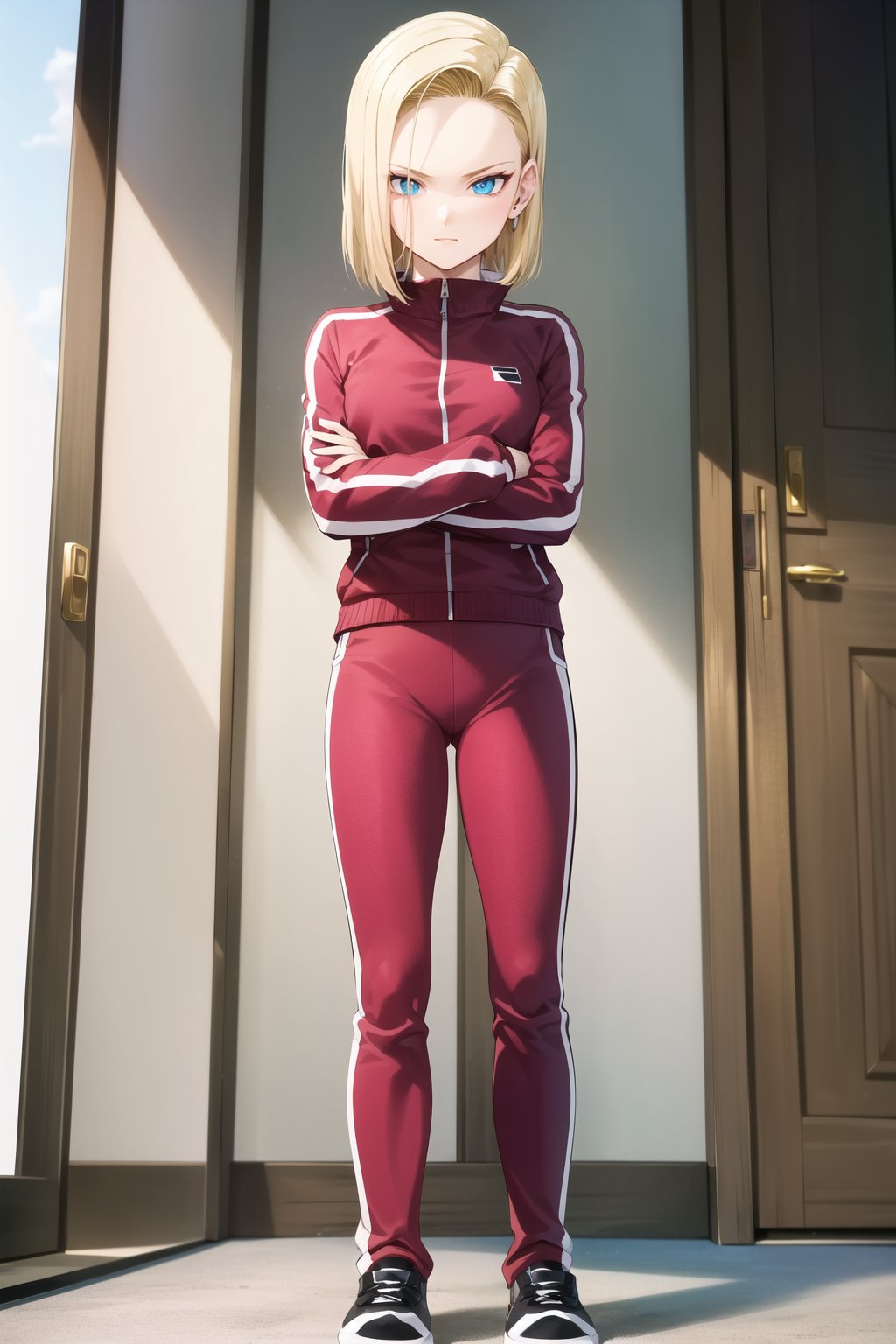 masterpiece, detailed face, android 18, 1girl, solo, short hair, blue eyes, blonde hair, indoors, long sleeves, standing, jacket, full body, shoes, pants, black footwear, crossed arms, track jacket, pink jacket, track suit, track pants, pink pants