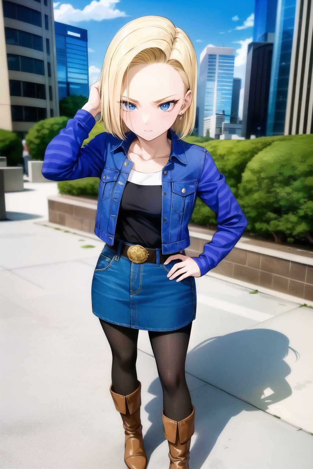 masterpiece, detailed face, android 18, 1girl, solo, looking at viewer, short hair, blue eyes, skirt, blonde hair, cityscape, skyscraper, shirt, long sleeves, city, jewelry, standing, jacket, full body, pantyhose, earrings, boots, belt, hand on hip, denim, hand in own hair, denim skirt, denim jacket, white sleeves, striped sleeves, black shirt