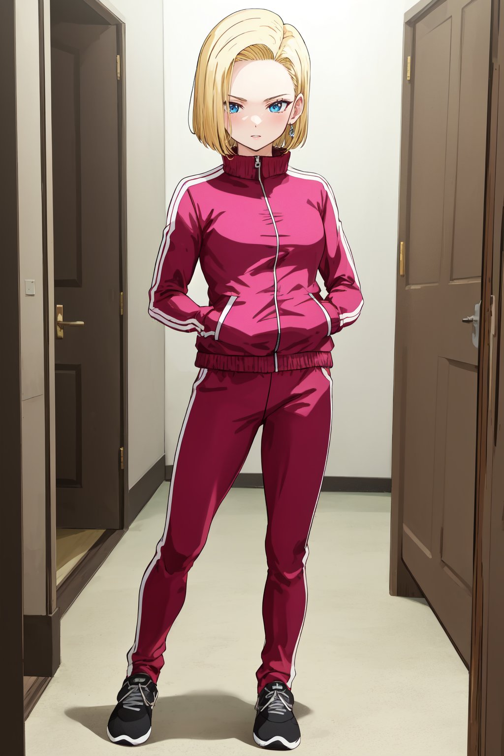 masterpiece, detailed face, android 18, 1girl, solo, looking at viewer, short hair, blue eyes, blonde hair, indoors, long sleeves, standing, jacket, full body, shoes, pants, black footwear, track jacket, pink jacket, track suit, track pants, pink pants 