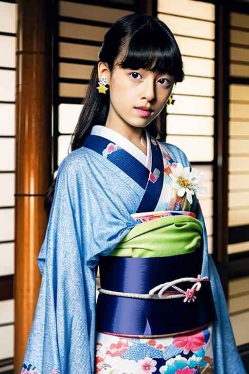 (((10yo))),(((kimono))),(long hair),1girl, solo, brown hair, black hair, navel, jewelry,  earrings, black eyes,, lips, loli,petite, realistic,infantilism,slim, model.