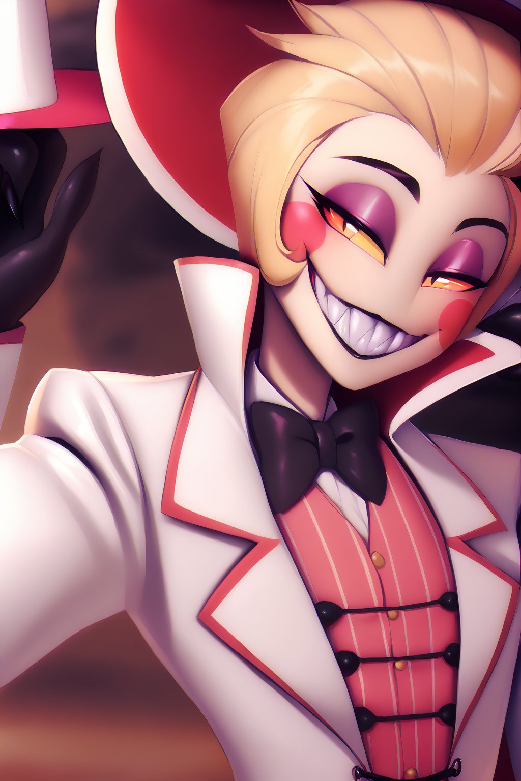 lucifer morningstar \(hazbin hotel\), sharp teeth, white top hat, white suit, formal, evil smile, half-closed eyes, black bow, pink vest, striped vest