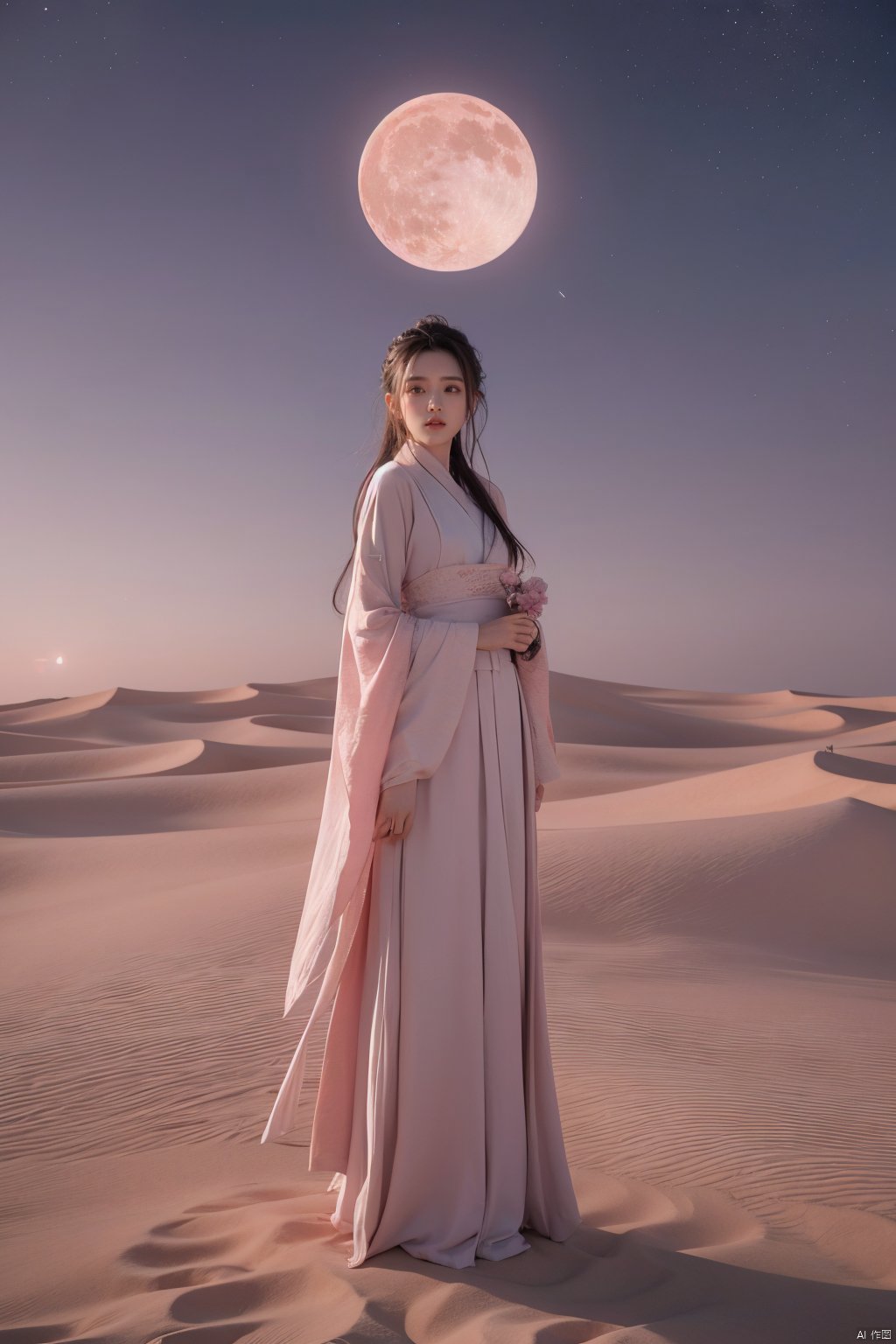  desert_sky,1girl,full moon,scenery,desert,pink-purple sky,star, hanfu, song_hanfu