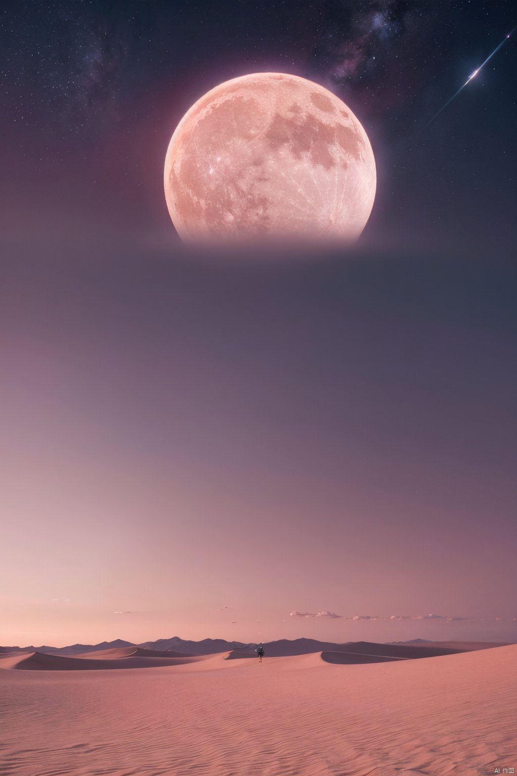  desert_sky,1girl,full moon,scenery,desert,pink-purple sky,star,