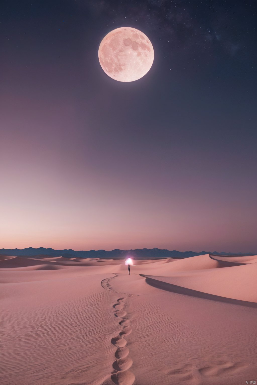  desert_sky,1girl,full moon,scenery,desert,pink-purple sky,star,