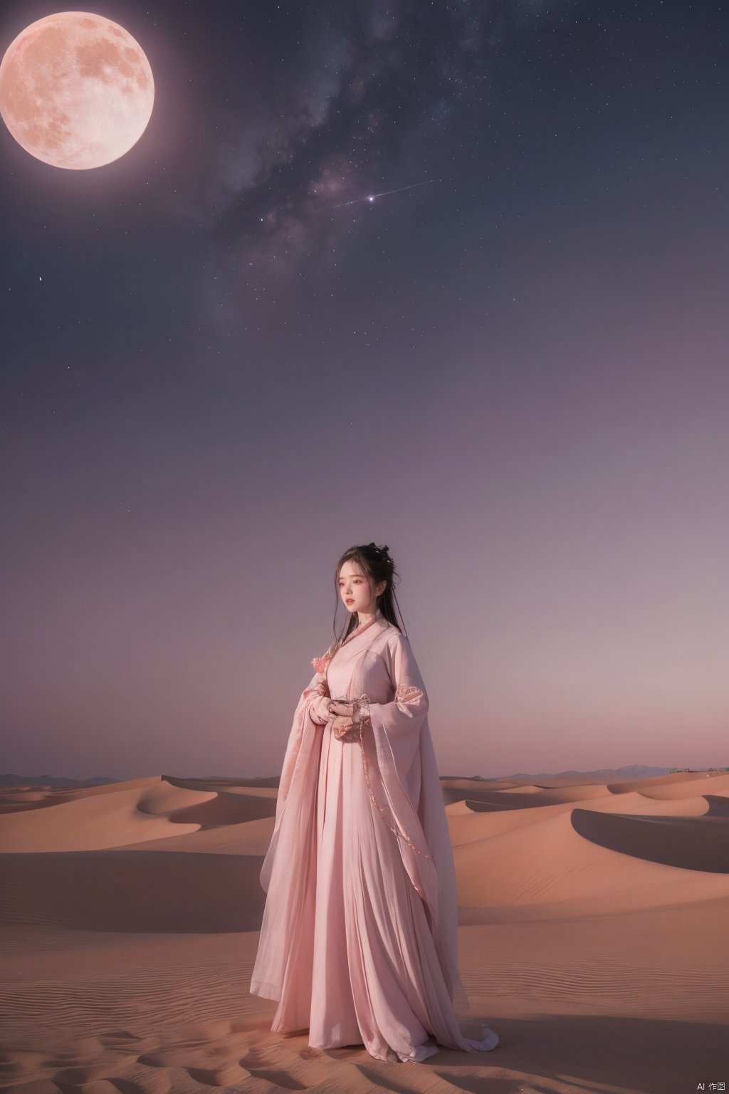  desert_sky,1girl,full moon,scenery,desert,pink-purple sky,star, hanfu, song_hanfu