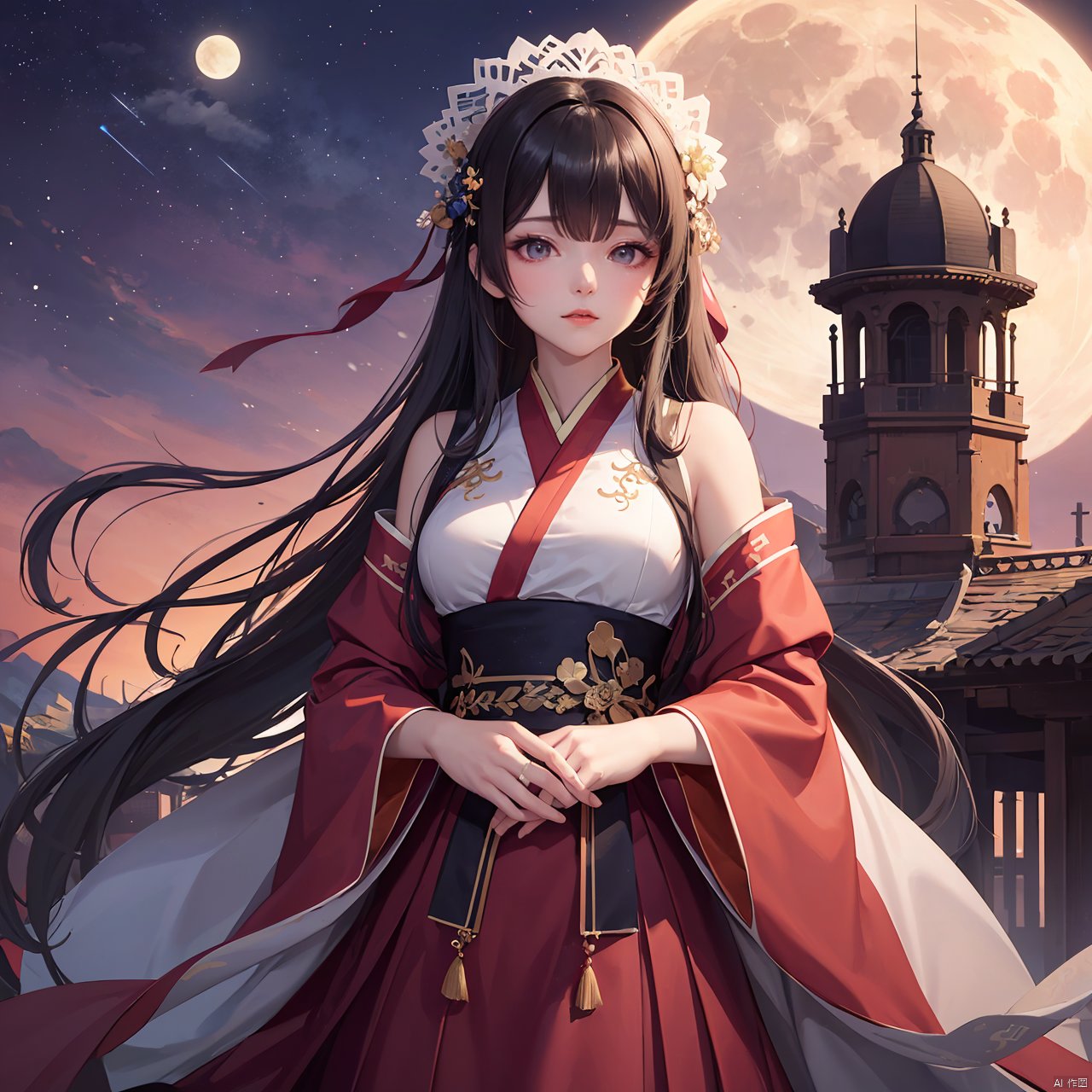 (masterpiece), (highest quality),zikai,1girl,solo,full moon,scenery,desert,pink-purple sky,star, zikai, song_hanfu, hanfu