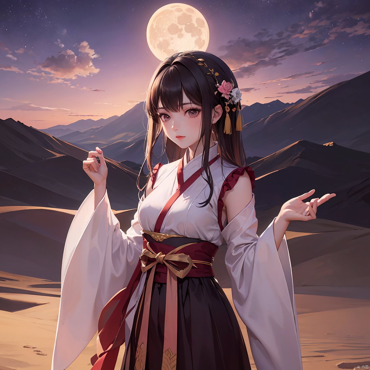 (masterpiece), (highest quality),zikai,1girl,solo,full moon,scenery,desert,pink-purple sky,star, zikai, song_hanfu, hanfu