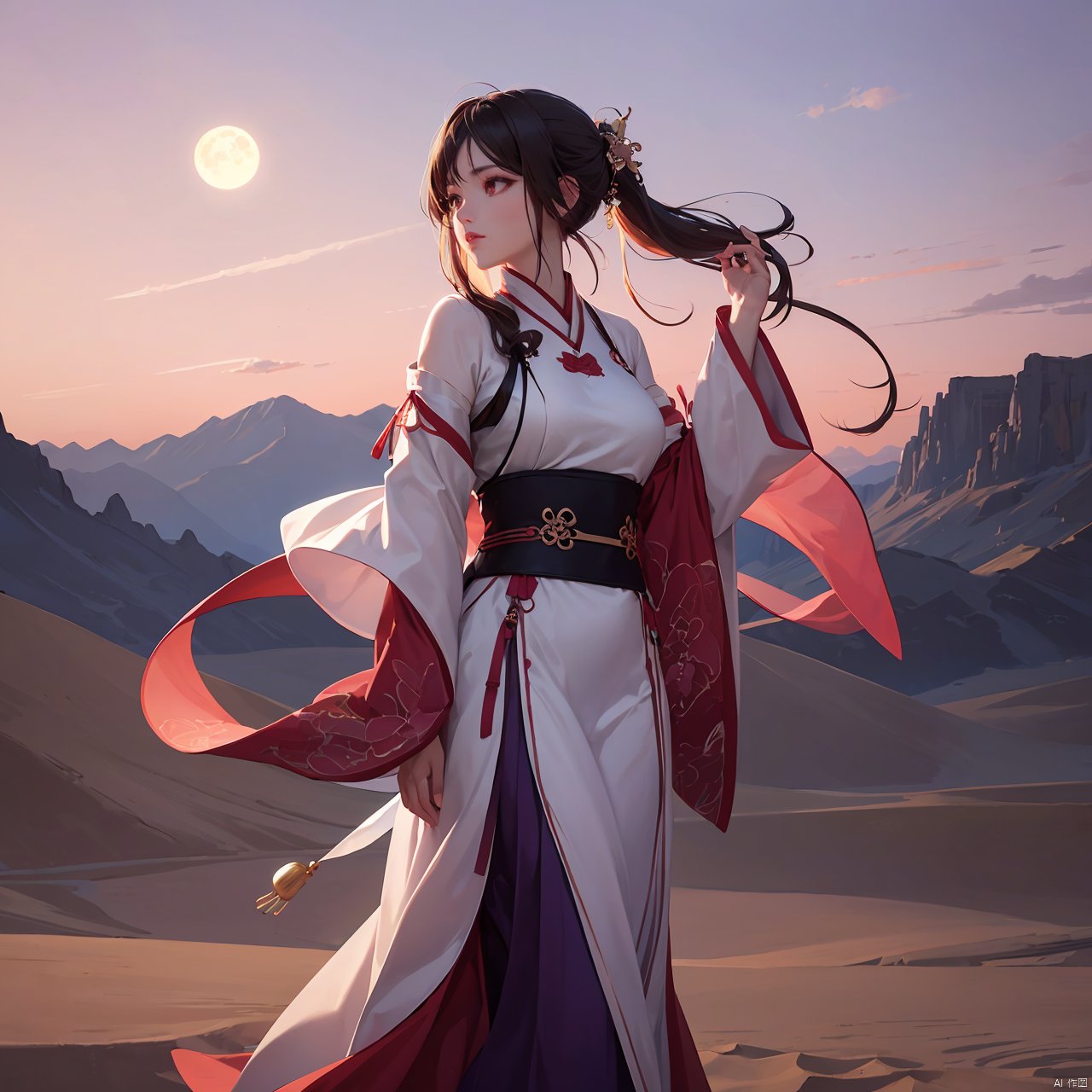 (masterpiece), (highest quality),zikai,1girl,solo,full moon,scenery,desert,pink-purple sky,star, zikai, song_hanfu, hanfu