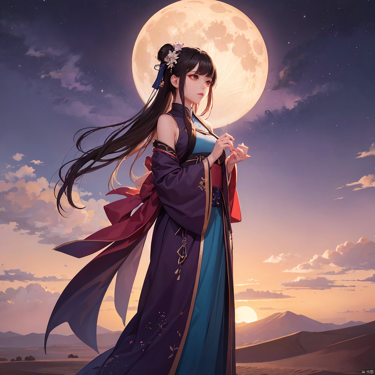 (masterpiece), (highest quality),zikai,1girl,solo,full moon,scenery,desert,pink-purple sky,star, zikai, song_hanfu, hanfu