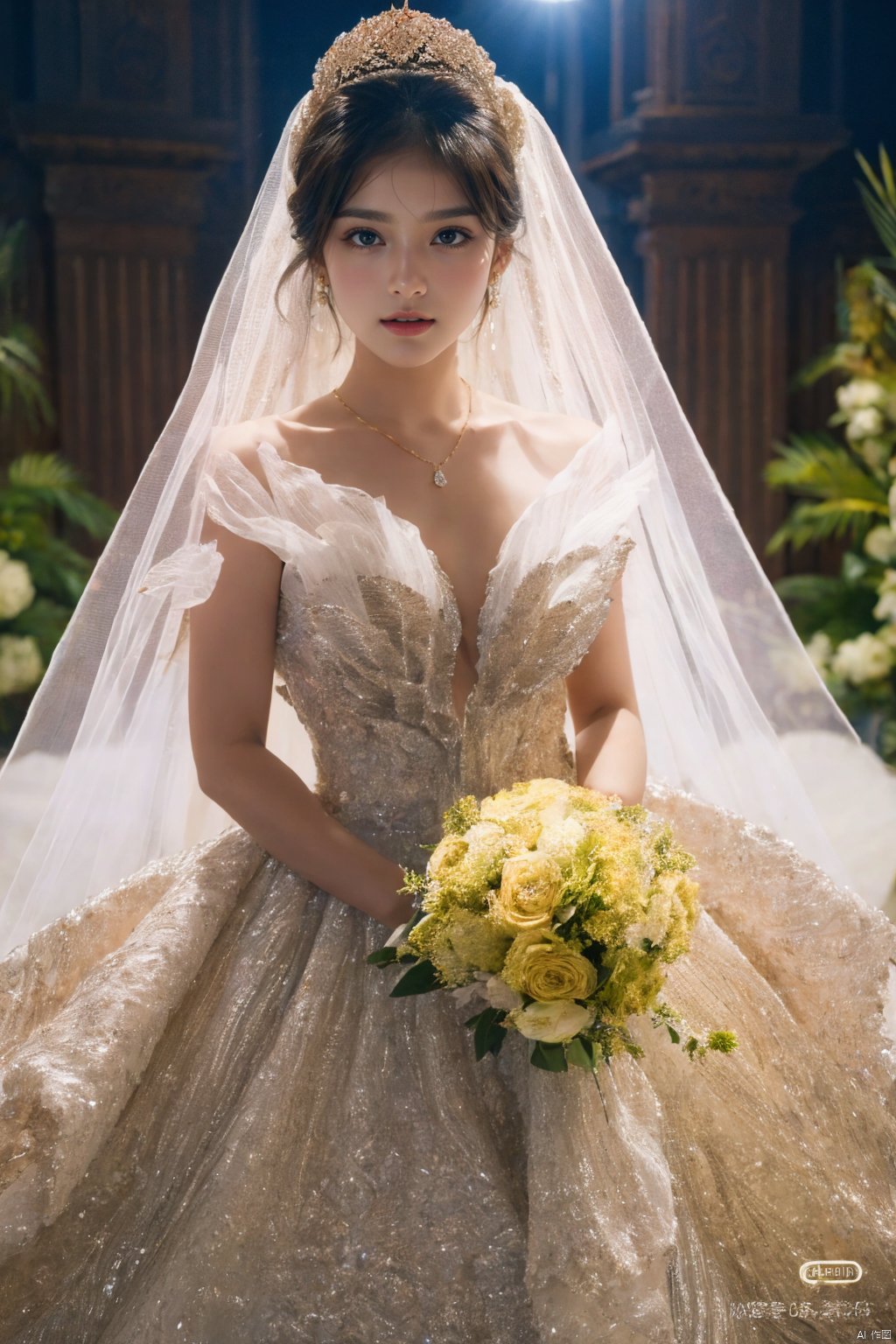  Ultra-clear 8k, real, night, smile, crown, necklace, perspective, hanger, nudity, diamonds, bridal veil, Golden wedding dress, 1 girl, 